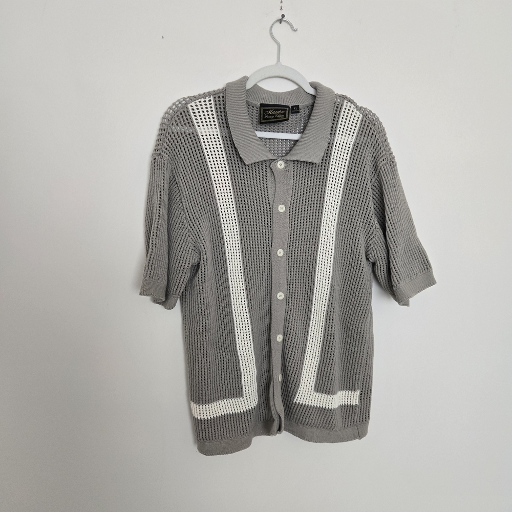 Massive Luxury Edition Sage Green Knit Collard Short Sleeve Cardigan Shirt XL